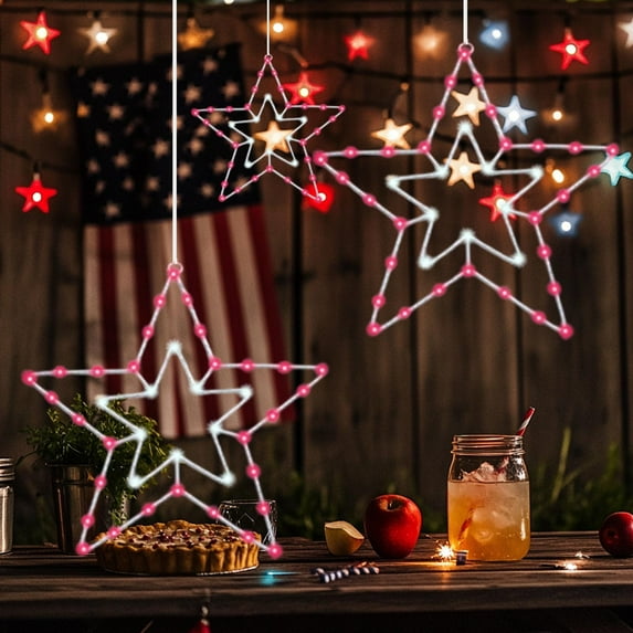 Kcavykas up to 60% off Gifts Iron Forged Glowing Pentagram Window Lights, Red White Blue Memorial Day Decor for 4th of July Independence Day Hot Savings & Everyday Bargains