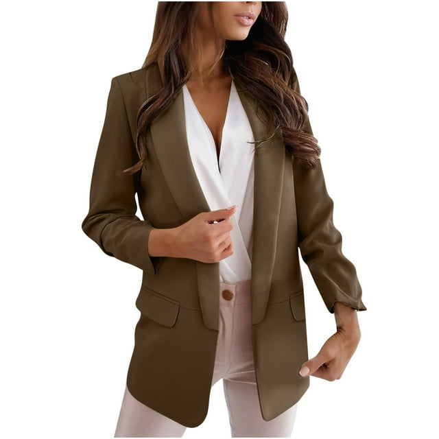 Kcavykas Clearance Promotion Fall Winter Womens Casual Blazer Loose Fit Open Front Suit Jackets Notched Lapel Long Sleeve Blazers Work Office Jackets Brown XL