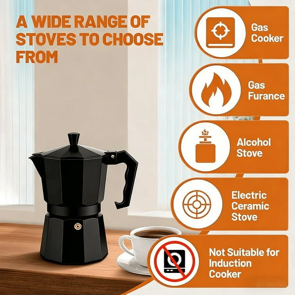 Kcavykas Espresso Maker Italian Aluminum Mocha Pot Octagonal Stovetop Moka Coffee Maker Classic European Design 6-Cup Capacity Durable Lightweight Portable Kitchen Coffee Maker