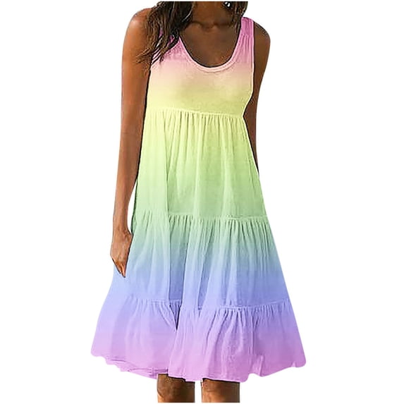 Dianli Women's Casual Summer 2024 Tiered Midi Dress Sleeveless Crew Neck Loose Ruffle Dress Smocked Elastic Waist Plus Size Boho Gradient Color Sundress