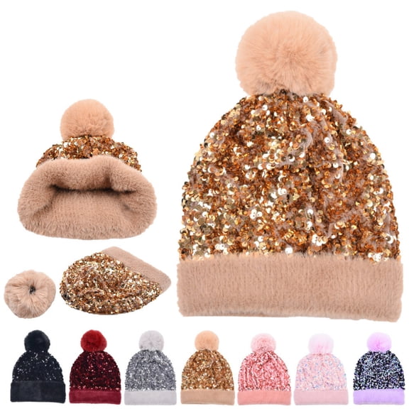 Kcavykas Gifts Sequin Knit Winter Beanie Women's Sparkly Soft Acrylic Blend Pom Pom Hat Stretchy Warm Lined Ski Cap With Bling for Cold Weather Holiday Party Style