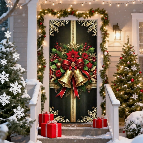 Kcavykas Holiday Decor Christmas Door Cover 35 X 71 in Waterproof Printed Front Door Curtain Polyester Hanging Panel Home Entrance Festival Party Decoration Christmas Door Curtain