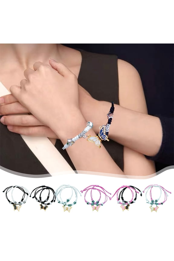Magnetic Couple Bracelet Set Cute Butterfly Charm Woven Hand Rope for Girls Best Friends Festival Gift Adjustable Friendship Bracelet Romantic Jewelry for Women Gift