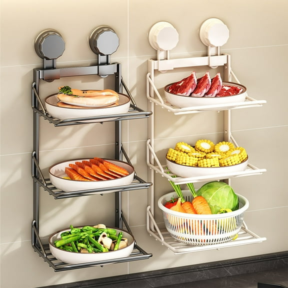 Kcavykas Metal Storage Rack for Kitchen Wall Mounted Kitchen Storage Racks Suction Cup Multi Layer Food Preparation Shelf No Hole Vegetable Organizer Rack Stylish Finds for Less