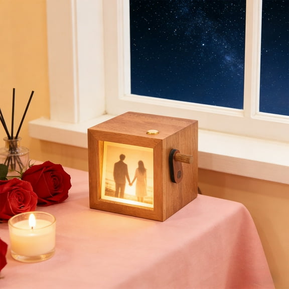 Kcavykas Personalized Wedding Gift Custom Couple Glowing Hand Cranked Music Wooden Photo Keepsake Box Engraved Memory Photo Crank Music Box Romantic Anniversary Present Home Decor