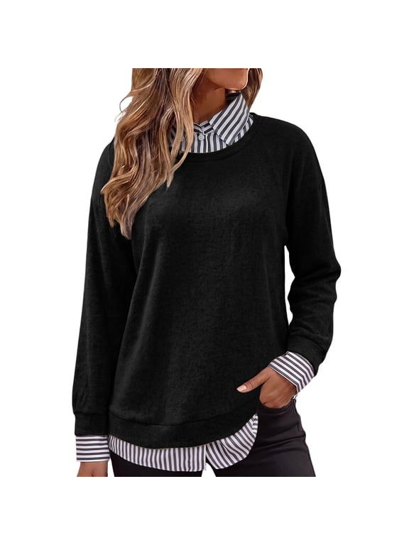 Plus Size Tops Striped Shirt Sweaters for Women Faux Layered Collar Long Sleeve Knit Pullover Casual Loose Top for Daily Office Work