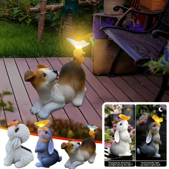 Kcavykas Solar Resin Puppy Ornament Outdoor Garden Patio Balcony Decoration Gardening Fall Christmas Gift