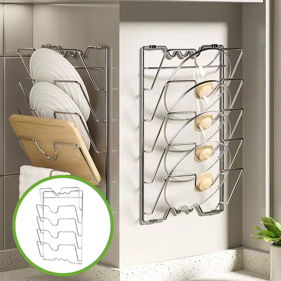 Kcavykas Wall Mounted Kitchen Pot Lid Rack, Cutting Board Storage Bracket, Space-Saving Kitchen Organizer