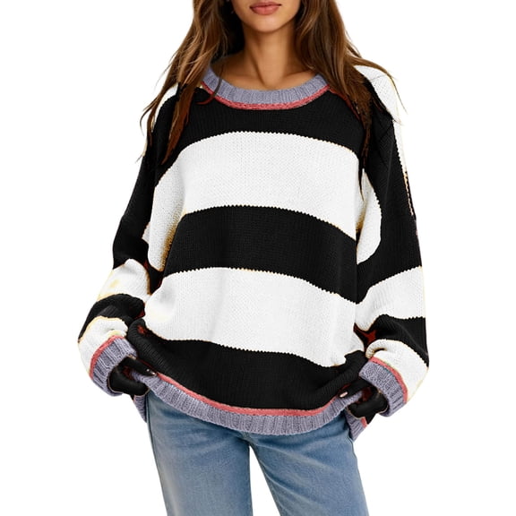 Kcavykas Sweaters for Women Fall Sweaters Striped Sweater Color Block Knit Crew Neck Long Sleeve Pullover Sweater Casual
