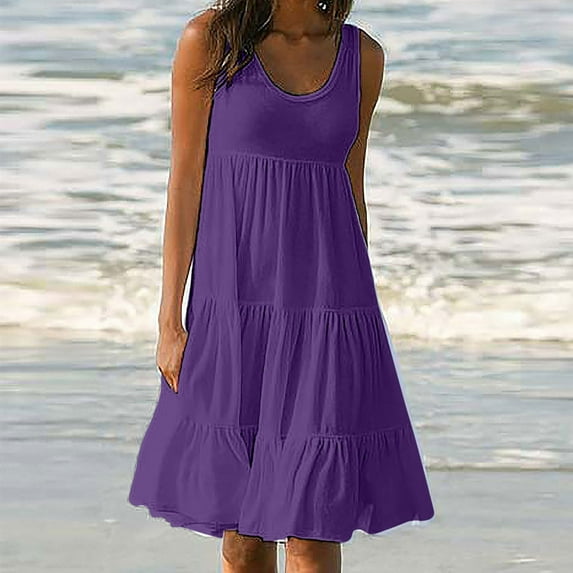 Dianli Women's Casual Summer 2024 Tiered Midi Dress Sleeveless Crew Neck Loose Ruffle Dress Smocked Elastic Waist Plus Size Boho Solid Color Sundress