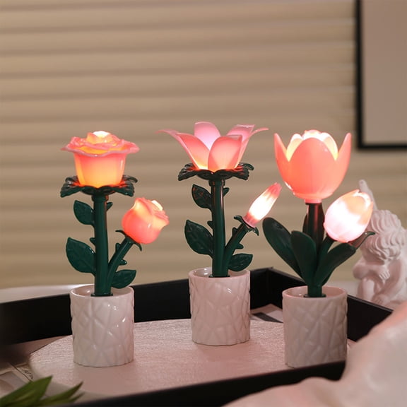 Kcavykas Valentines Day Decor Valentines Day Gift Building Block Tulip Rose Flower Night Light Creative LED Floral Lamp Decorative Table Lamp Toy for Women Girls Bedroom Living Room Decor Gift