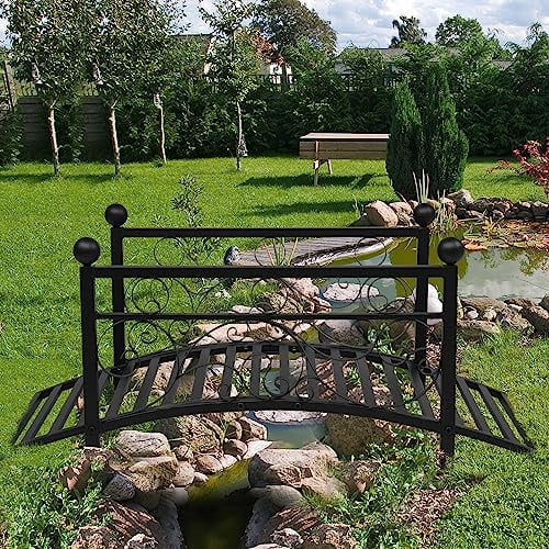 Kcelarec Outdoor Metal Arch Garden Bridge with Safety Siderails, Decorative Footbridge, Delicate Scrollwork & Corner Spheres for Stream