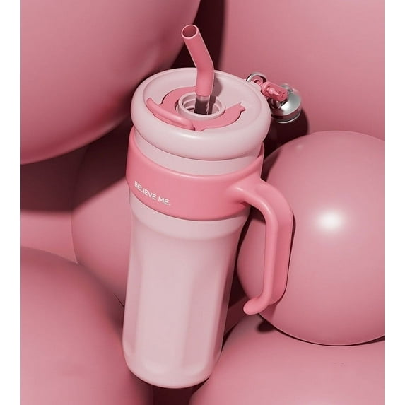 Kchsj 40 oz Tumbler with Handle and Straw,Leak‑Proof Vacuum Insulated Stainless Steel Water Bottle, Double Walled,Cupholder Friendly,Thermal Coffee & Water Flask,Easy Clean,Outdoor Travel Mug Pink