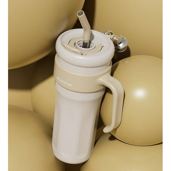 Kchsj 40 oz Tumbler with Handle and Straw,Leak‑Proof Vacuum Insulated Stainless Steel Water Bottle, Double Walled,Cupholder Friendly,Thermal Coffee & Water Flask,Easy Clean,Outdoor Travel Mug Beige