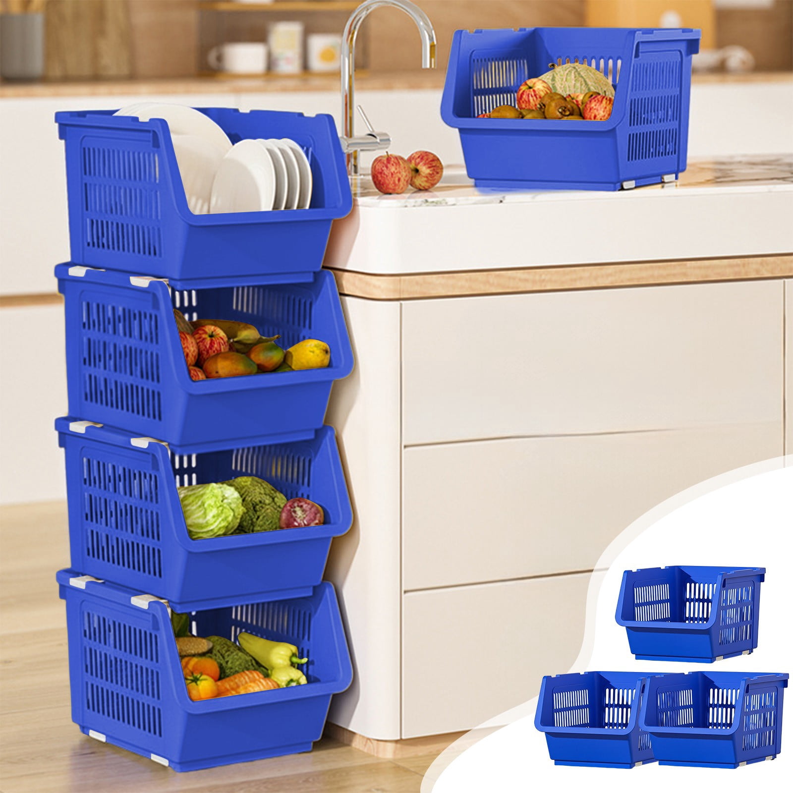 Stackable Pulleys Kchsji 3-Piece ABS Kitchen Storage Basket Set 34x24x57cm Stackable with ...