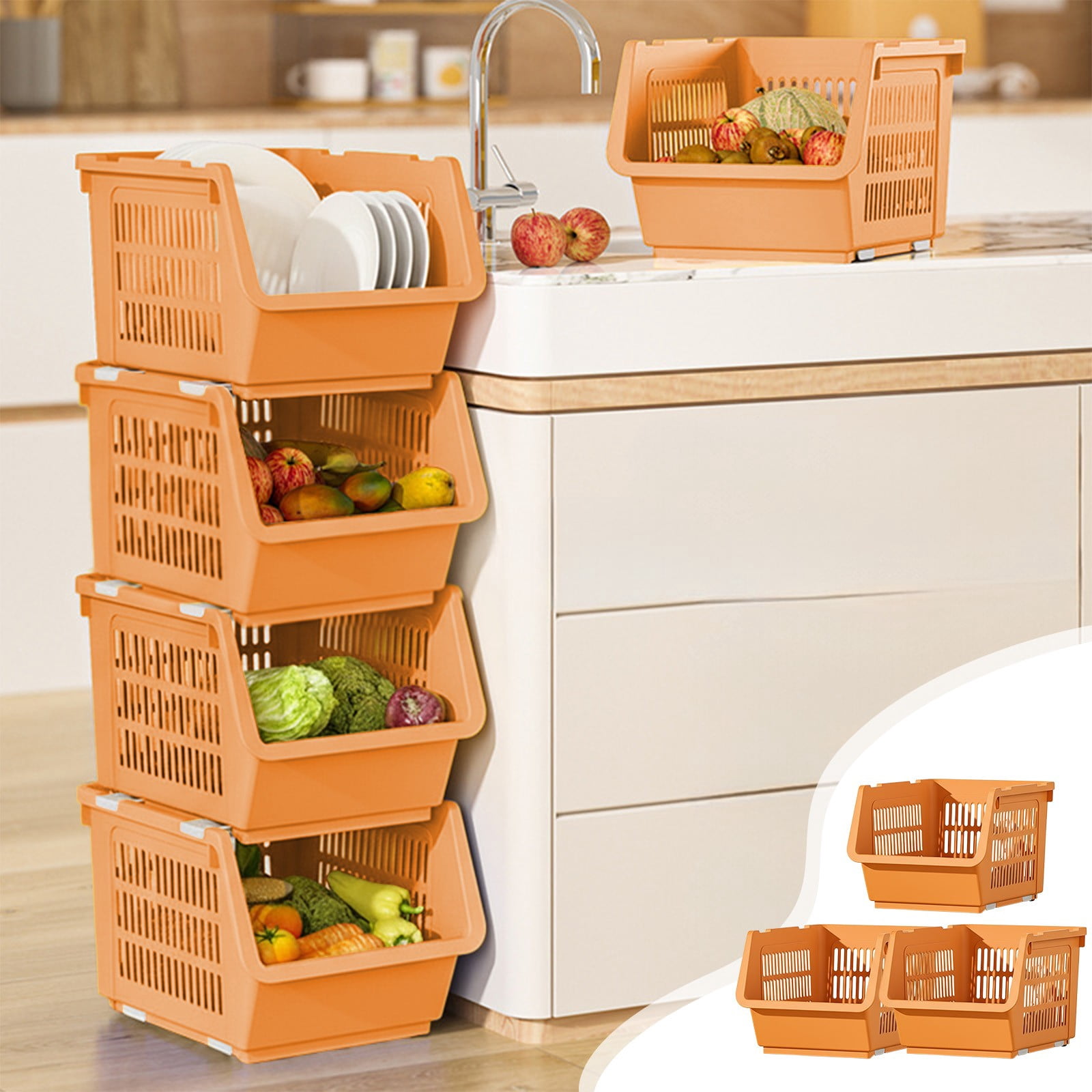 Stackable Pulleys Kchsji 3-Piece ABS Kitchen Storage Basket Set 34x24x57cm Stackable with ...