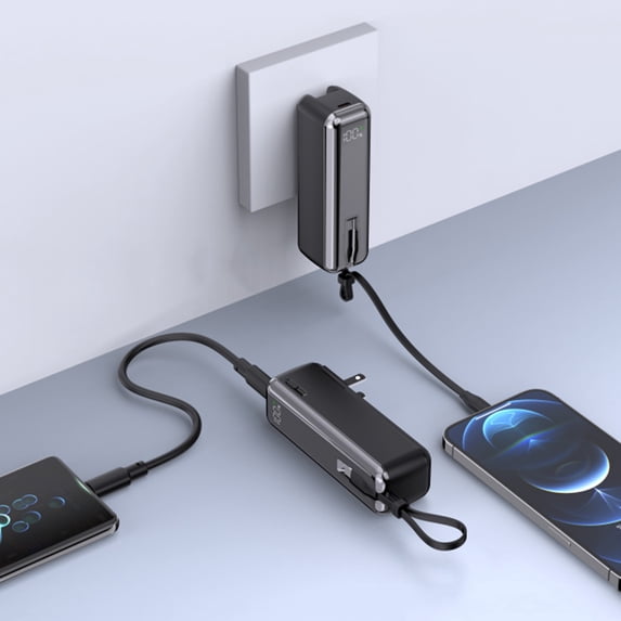 Kchsji 3-in-1 Charger, Built-in Retractable USB-C Cable, PD30 225W Fast Charging, Foldable Power Bank, LED Display, 5000mAh, for Smartphones, Tablets, Laptops, Travel, and On-the-Go Charging
