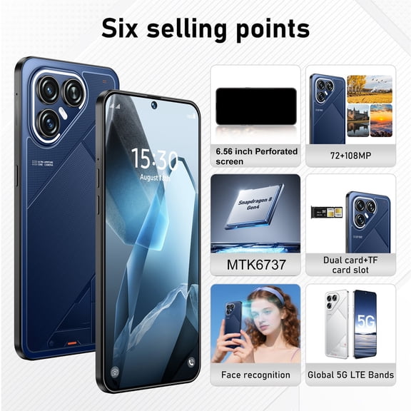 Kchsji 6.56-Inch 16GB Smartphone with Quad-Core Processor, High-Resolution Camera, 3250mAh Battery, Facial Recognition, Dual SIM Support for Gaming, Social Media, Photography, Travel