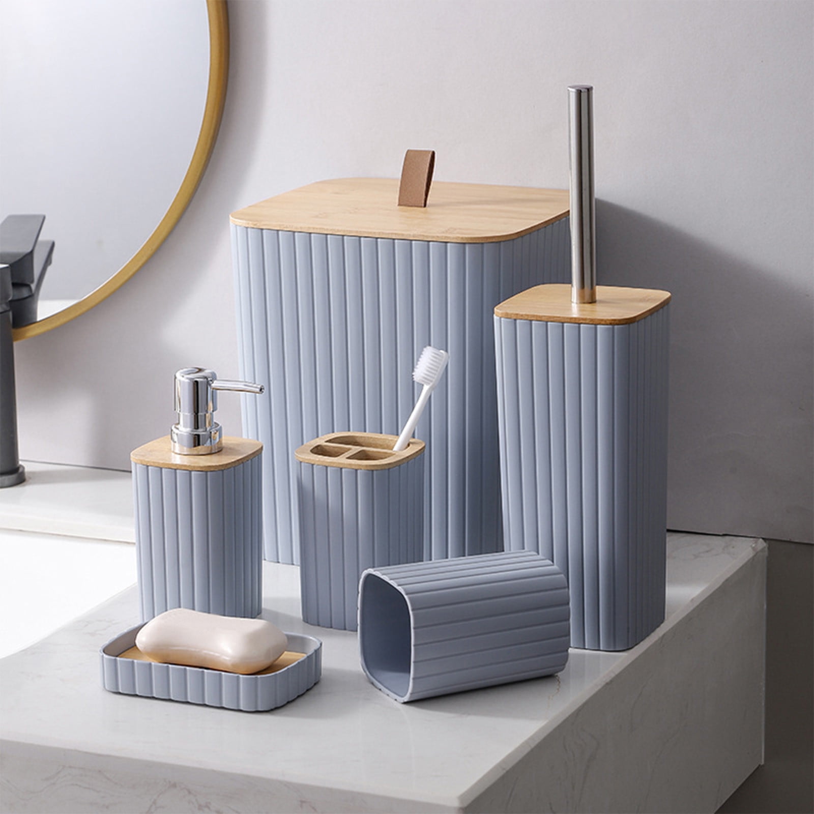 Kchsji 6PC Bathroom Accessories Set - Complete Bathroom Set with Soap Dispenser, Toothbrush Holder, Trash Can, Toilet Brush, Stylish Bath Set for Bathroom Organization, Home Use