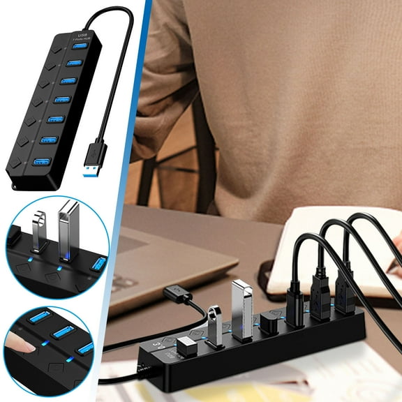 Kchsji 7-Port USB Hub, Expandable USB Splitter, High-Speed Data Transfer, Individual Port Control, Compact & Portable, Perfect for Office, Business Trips, Home Office Devices, and More
