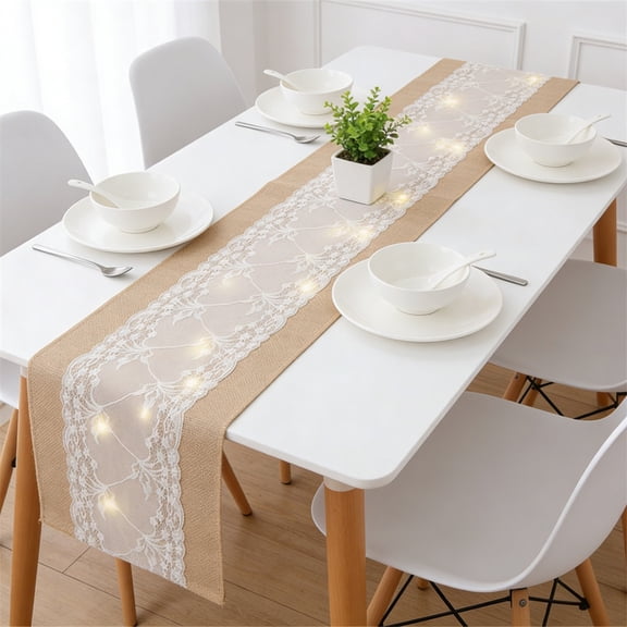 Kchsji Burlap Table Runner with LED Lights, Lace Trimmed Holiday Party Table Runner for Christmas & Thanksgiving, Ideal for Dining Room, Family Gatherings, and Festive Celebrations