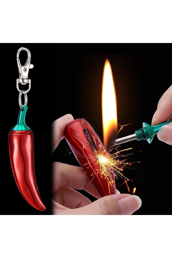 Chili Shape Metal Kerosene Windproof Lighter 125x21mm 360° Flame Refillable Keychain Pendant Gift for Men Women Holiday Stocking Stuffer BBQ Camping Survival Tool Conversation Starter