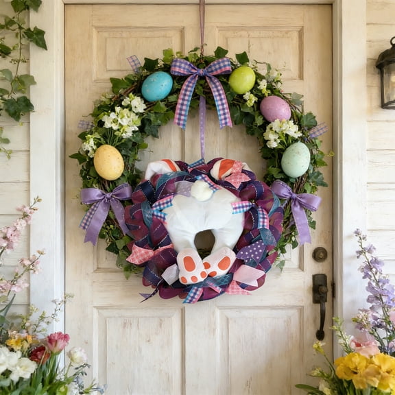 Kchsji Colorful Easter Floral Wreath, Artificial Flowers And Bunny Accents, 15.7 Inch Indoor Outdoor Door Or Table Decor, Spring Revival Theme, Reusable Holiday Display, Easy Hang