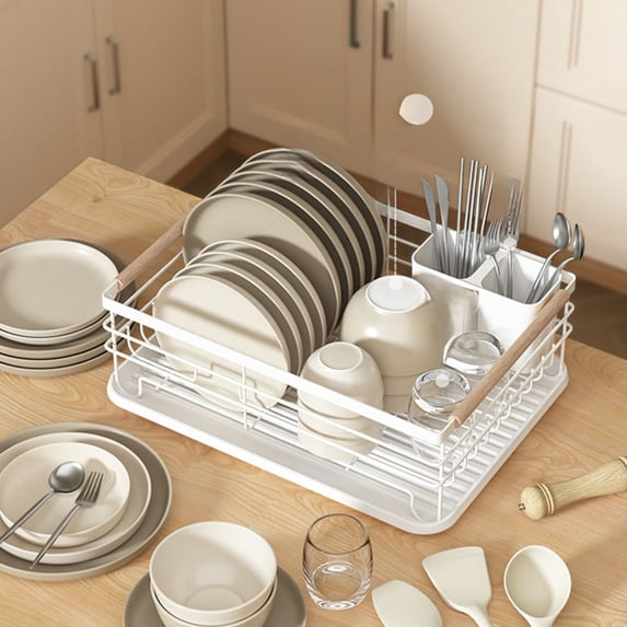 Kchsji Dish Drying Rack Over Sink Dish Drainer With Utensil Holder, 2 Tier Kitchen Countertop Organizer For Plates Bowls Cups, Stainless Steel Dish Rack With Drain Tray And Storage
