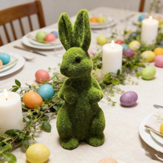 Kchsji Easter Flocked Rabbits Figurine, Desktop Ornament for Spring Holiday or Festive Party Decor, Lifelike Faux Velvet Bunny for Mantel Dining Table or Gift Presentation