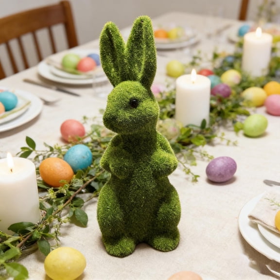 Kchsji Easter Flocked Rabbits Figurine, Desktop Ornament for Spring Holiday or Festive Party Decor, Lifelike Faux Velvet Bunny for Mantel Dining Table or Gift Presentation