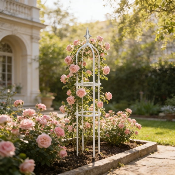 Kchsji Fiberglass Garden Climbing Trellis, White, Outdoor Balcony Courtyard Plant Support, Adjustable Height, Plug-In Assembly, Rust And Weather Resistant, Stable Post Base, Easy Tool-Free Setup