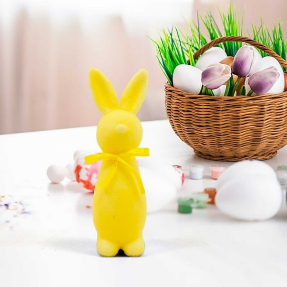 Kchsji Flocked Bunny Statue with Bow, Shiny Easter Bunny Desktop Decoration, Cute Foam Bunny with Glitter Finish for Indoor Spring Decor, 9-Inch Easter Figurine for Living Room or Mantel