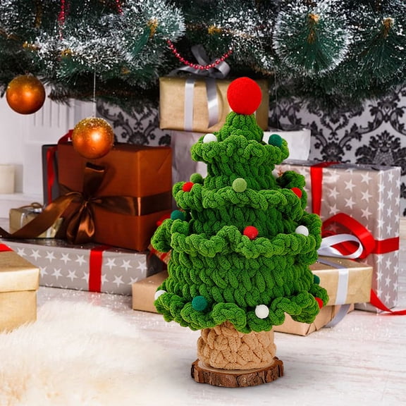 Kchsji Hand Knitted Mini Christmas Tree with Wooden Base, Potted Woolen Decorative Ornament with Colorful Balls for Car Dashboard Home Office Classroom Holiday Party Festive Gift Decorations
