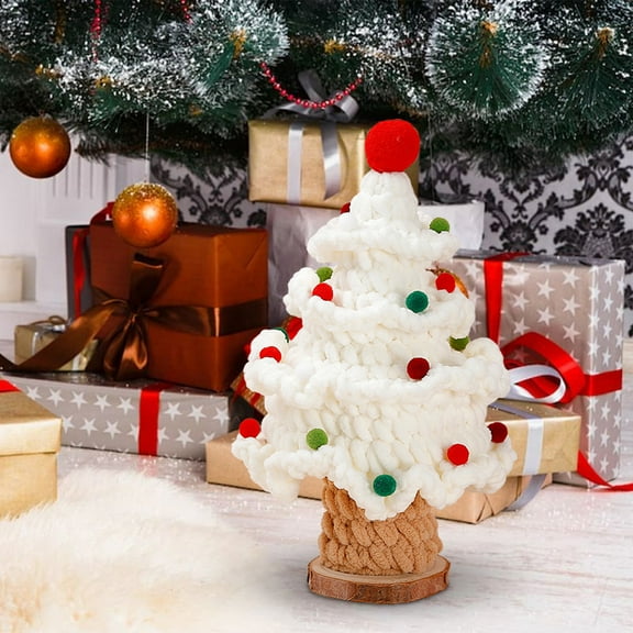 Kchsji Hand Knitted Mini Christmas Tree with Wooden Base, Potted Woolen Decorative Ornament with Colorful Balls for Car Dashboard Home Office Classroom Holiday Party Festive Gift Decorations