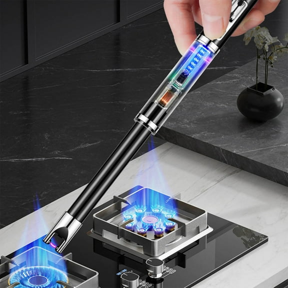 Kchsji Kitchen Gas Stove Candle Lighter - Rechargeable USB Electronic Igniter, Windproof with Extended Handle, Ideal for Cooking, BBQ, Outdoor Grills, Camping, Includes Battery Indicator