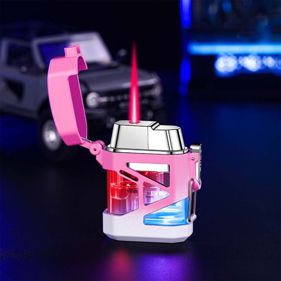Kchsji Mech Shape Straight Red Flame Large Capacity Transparent Visible Bin Inflatable Lighter, Windproof Refillable Gas Lighter for Candles, Camping, Grilling, and Outdoor Use, Unique Design
