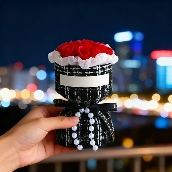 Kchsji Mini Rose Bouquet Simulation Flowers Valentines Day Gift, Textured Fabric Wrapping With Pearl Ribbon Detail, Long Lasting Floral Gift For Girlfriend Wife Birthday