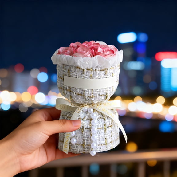 Kchsji Mini Rose Bouquet Simulation Flowers Valentines Day Gift, Textured Fabric Wrapping With Pearl Ribbon Detail, Long Lasting Floral Gift For Girlfriend Wife Birthday