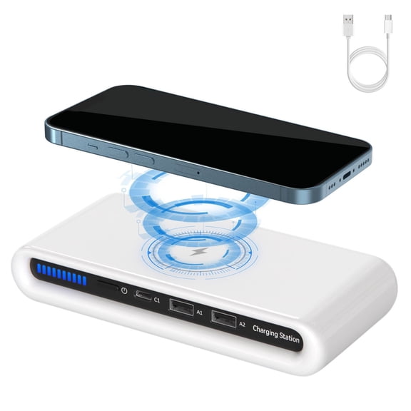 Kchsji Multi-Port Wireless Charging Station 30W, Two Type-C + USB, Color Ambient Light, PC+ABS Safety, Over-Voltage Short-Circuit Protection, Compact Travel Desk Stand For Phones Watches Earbuds