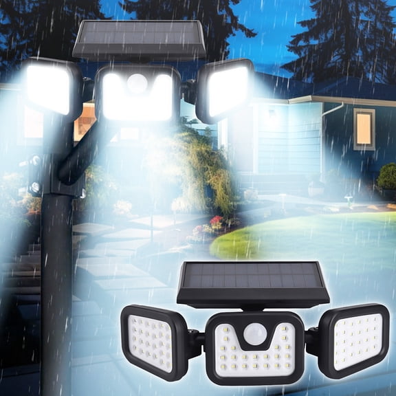 Kchsji Solar Outdoor Wall Light Motion Sensor Flood Light 3 Head Rotatable LED Wide Angle Illumination Automatic Light Control Solar Lighting for Yard Courtyard Street Garage Driveway Fence Pathway