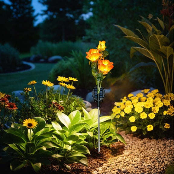 Kchsji Solar Plug-In Rose Garden Light, Waterproof IP65 Decorative Outdoor Pathway Lamp, PVC Flower Shape, Auto On Off At Night, Easy Install No Wiring, Warm Glow For Yard Patio Balcony Flower Beds