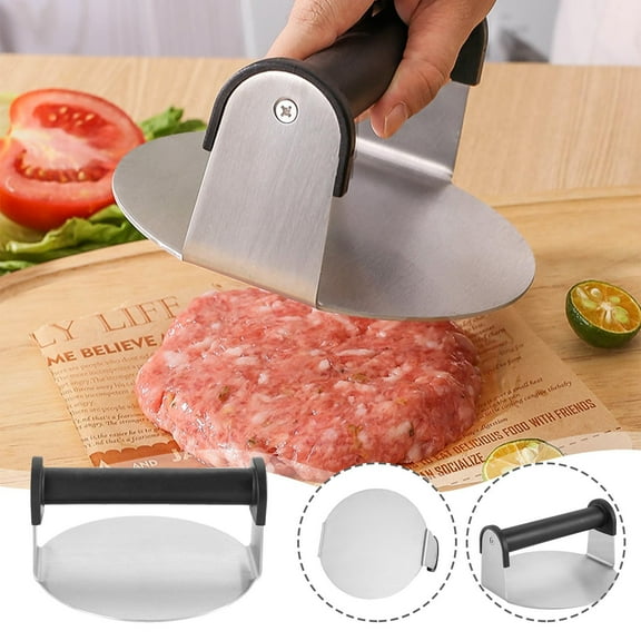 Kchsji Stainless Steel Burger Press with Handle, Rustproof and Easy to Clean, Ideal for Grilling Burgers, Steak, and More, Perfect Grill Accessory for Outdoor Cooking, Quick and Even Cooking Results