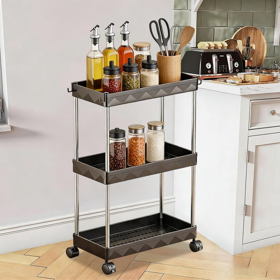 Kchsji Wide Rolling Storage Cart Three‑Tier Rack For Kitchen Or Dorm, White Or Black, Heavy‑Duty Plastic Organizer With Raised Edges, Swivel Wheels, Removable Shelves And Hooks, Tall Bottle Friendly