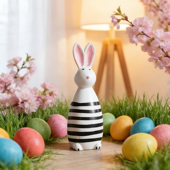 Kchsji Wooden Bunny Figurine, White and Black Striped Rabbit Statue Easter Decoration, Handcrafted Wood Ornament for Spring, Charming Home Decor For Table Shelf Desk Mantel Centerpiece Display