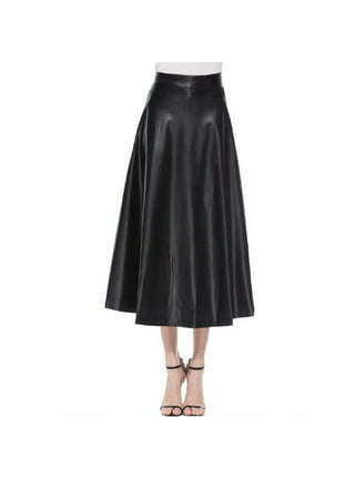 Kcocoo Womens Solid Color High Waist Faux Leather Skirt A Line