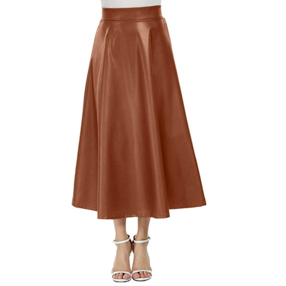 Kcocoo Womens Solid Color High Waist Faux Leather Skirt A Line Long Skirts PU Khaki S