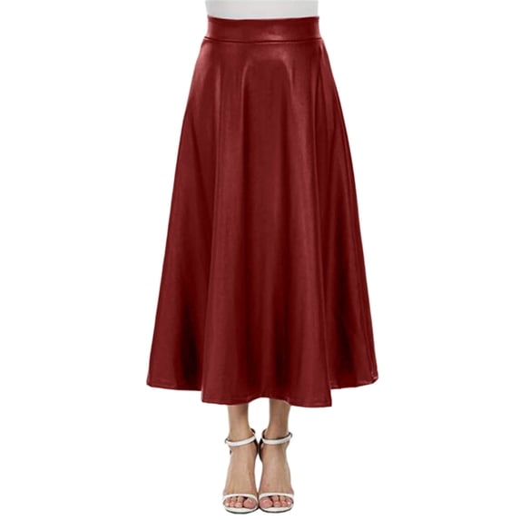 Kcocoo Womens Solid Color High Waist Faux Leather Skirt A Line Long Skirts PU Red M