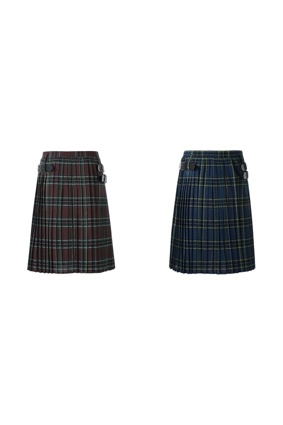 2 Pcs Mens Casual Retro 12 Sock Scottish Style Plaid Contrast Loose Pants Waistband Pleated Skirt Stitched Crease Pants Outdoor Apparel Little