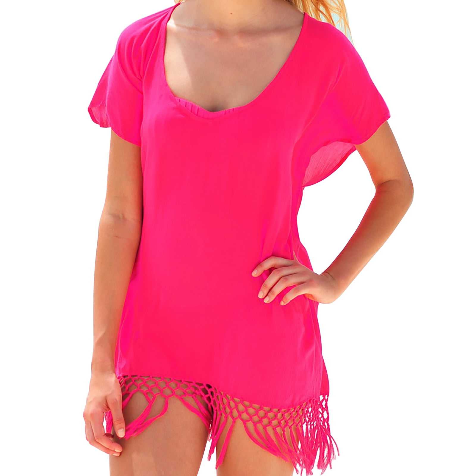 Kcodviy Beach Cover Up Solid Color Tassel Knotted Chiffon Shirt Loose