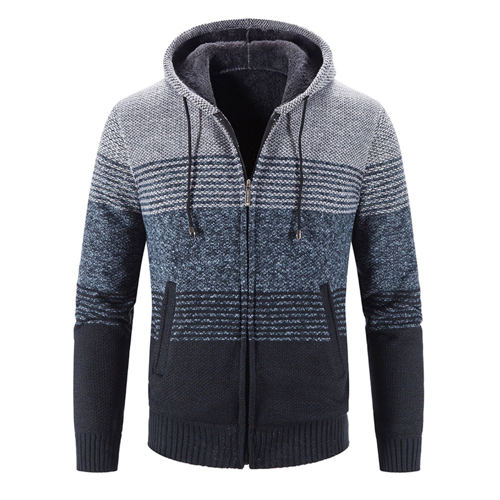 Kcodviy Men's Hooded Stripes And Velvet Padded Warm Cardigan Knitted ...